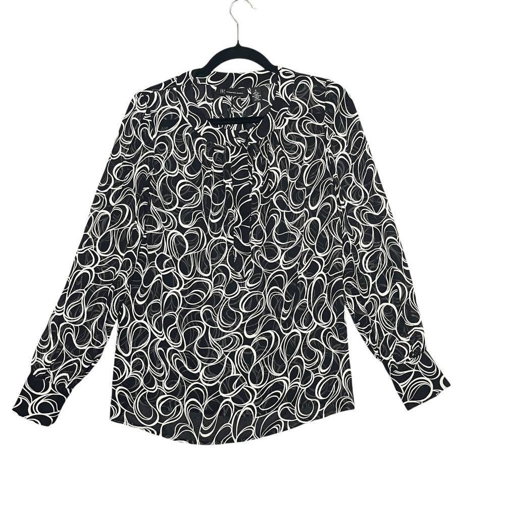 INC Black White Swirl Print Silk Blouse Women Size 6 Career Office Sheer Classy‎